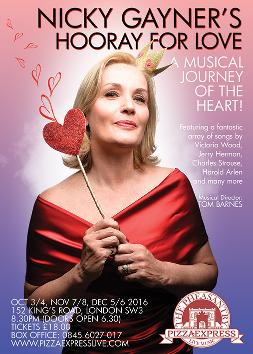 Hooray for Love publicity artwork: Nicky in a red dress with a heart wand
